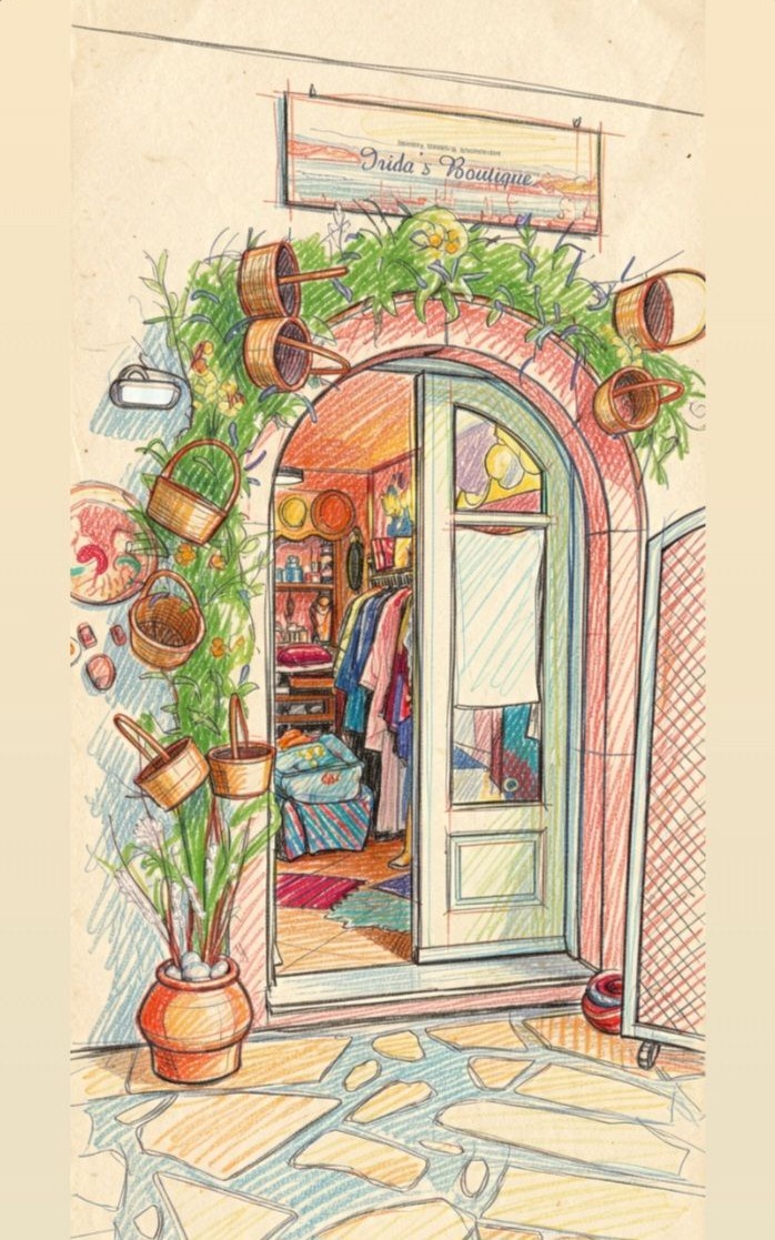 Ζωγραφιά της εισόδου του Irida's Boutique στο Φισκάρδο